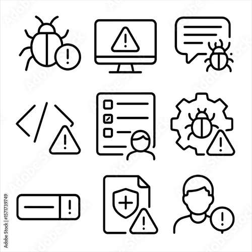 Bug Report Icons. Outline style icons of Bug Report: bug with exclamation mark, error log screen, report form bubble, code warning