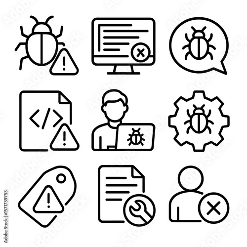 Bug Report Icons. Outline style icons of Bug Report: bug with exclamation mark, error log screen, report form bubble, code warning