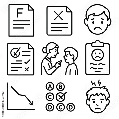 Education Critique Icons. Outline style icons of Criticism in Education: failed test icon, red X on paper, unhappy student face,
