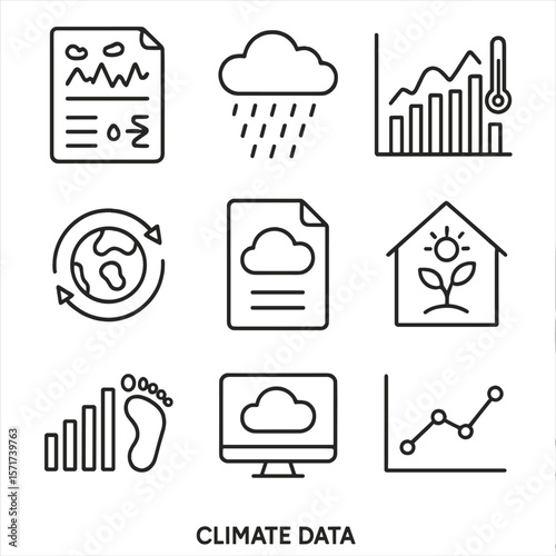 Climate Data Icons. Outline style icons of Climate Data: historical weather chart, average rainfall icon, temperature anomaly
