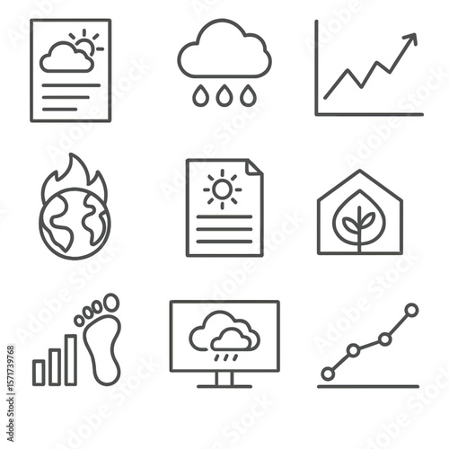 Climate Data Icons. Outline style icons of Climate Data: historical weather chart, average rainfall icon, temperature anomaly