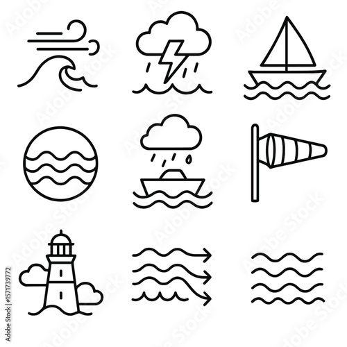 Maritime Weather Icons. Outline style icons of Maritime Weather: wave with wind icon, marine storm symbol, sailing weather, tide