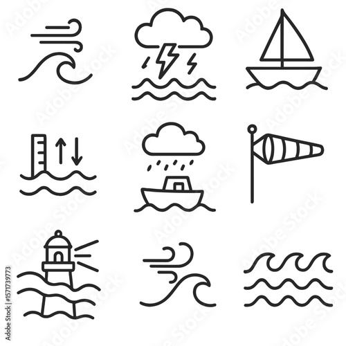 Maritime Weather Icons. Outline style icons of Maritime Weather: wave with wind icon, marine storm symbol, sailing weather, tide