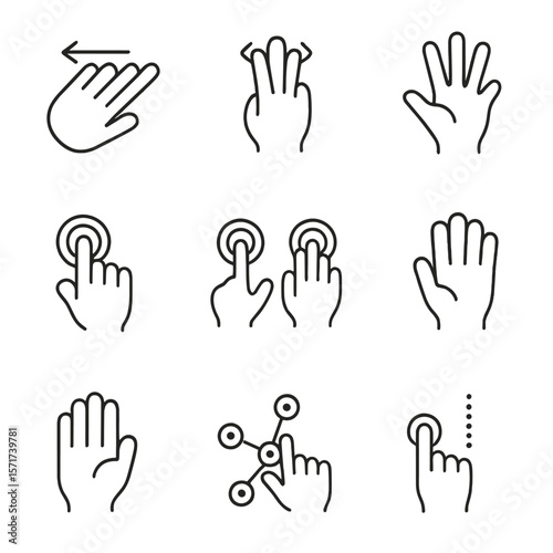 Multi-Touch Gesture Icons. Outline style icons of Multi-Touch: three fingers swipe, four fingers pinch, five fingers spread, multi