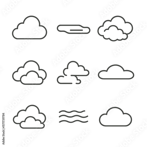 Cloud Icon Collection. Outline style icons of Cloud Variations: fluffy cumulus, stratus line cloud, overcast cloud group, layered