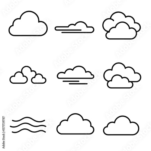 Cloud Icon Collection. Outline style icons of Cloud Variations: fluffy cumulus, stratus line cloud, overcast cloud group, layered