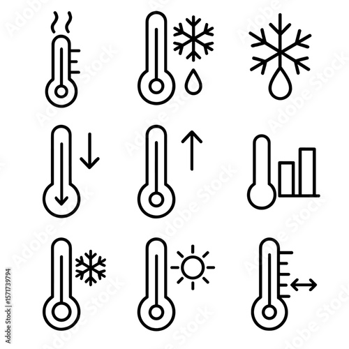 Temperature Icons Set. Outline style icons of Temperature Indicators: hot thermometer, cold thermometer, freezing mark,