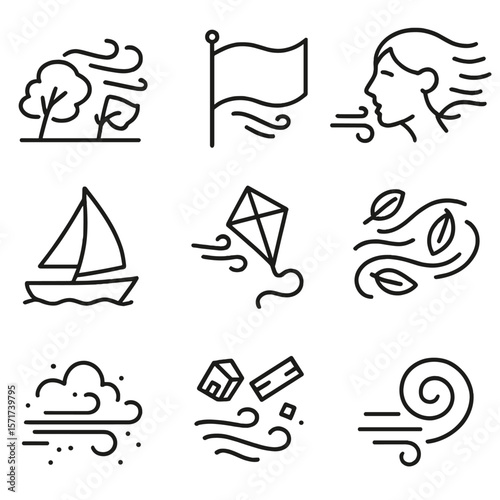 Wind Effect Icons. Outline style icons of Wind Effects: trees blowing, flag wave icon, hair in wind, sail full of air, kite in sky