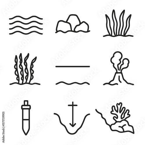 Sea Floor Icons. Outline style icons of Sea Floor and Ecosystem Zones: sand ripple bed, rocky sea floor, seagrass meadow, kelp