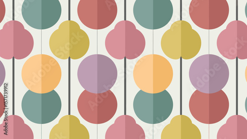A repeating pattern of stylized fruit shapes in pastel colors on light background