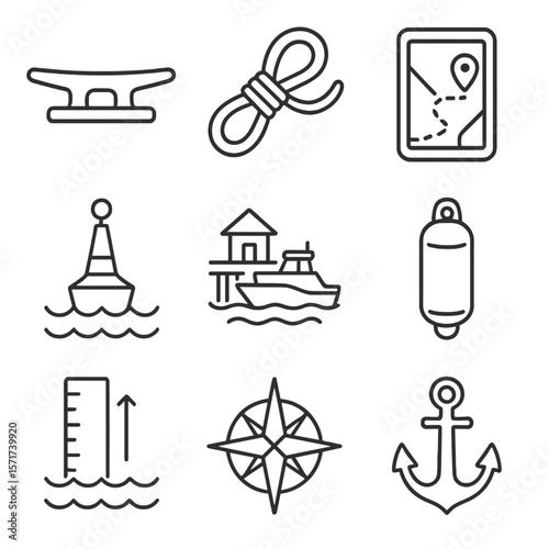 Nautical Icons Collection. Outline style icons of Boat Docking and Navigation: dock cleat, mooring line, GPS route, buoy marker,