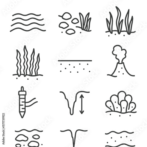 Sea Floor Icons. Outline style icons of Sea Floor and Ecosystem Zones: sand ripple bed, rocky sea floor, seagrass meadow, kelp