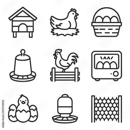 Poultry Farming Icons. Outline style icons of Poultry Farming: chicken coop, nesting hen, egg basket, poultry feeder, rooster on