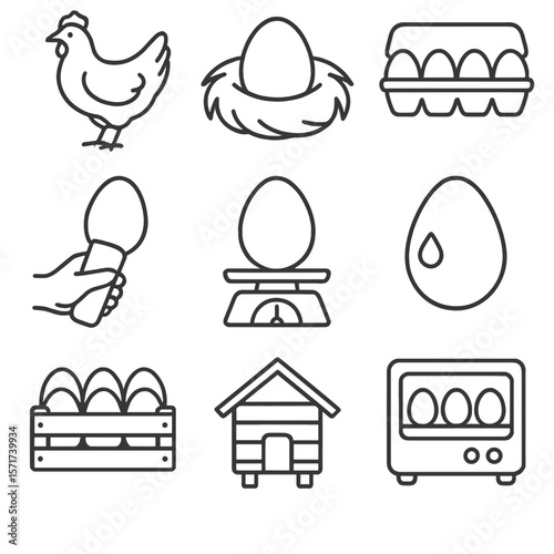 Egg Production Icons. Outline style icons of Egg Production: laying hen, egg in nest, carton of eggs, egg candling, egg scale,