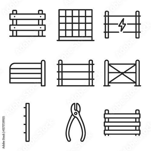 Farm Fencing Icons. Outline style icons of Farm Fencing: wooden fence, wire mesh panel, electric fence, corral gate, pasture