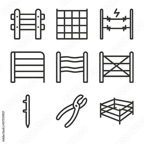 Farm Fencing Icons. Outline style icons of Farm Fencing: wooden fence, wire mesh panel, electric fence, corral gate, pasture