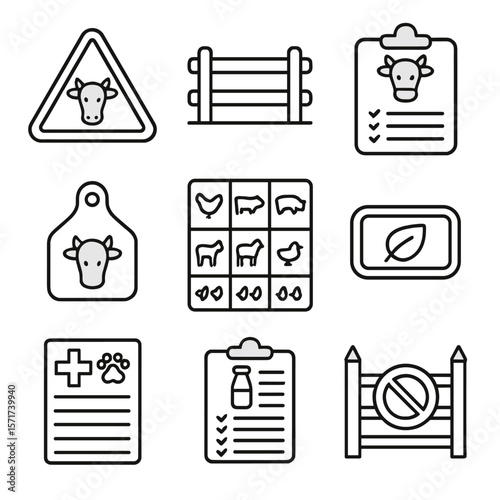 Farm Outline Icons. Outline style icons of Farm Signage: livestock warning sign, fenced pasture notice, feeding schedule board,