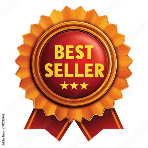 Golden and red best seller award ribbon with three stars isolated on transparent background