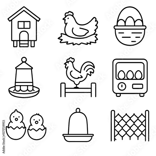 Poultry Farming Icons. Outline style icons of Poultry Farming: chicken coop, nesting hen, egg basket, poultry feeder, rooster on
