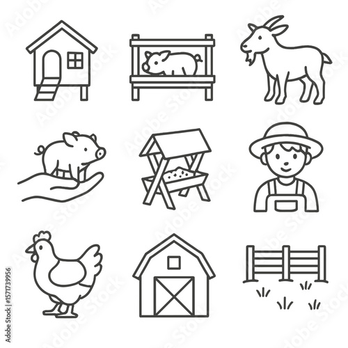 Hobby Farming Icons. Outline style icons of Hobby Farming: small coop, raised animal pen, backyard goat, petting piglet, DIY