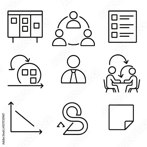 Agile Icons Set. Outline style icons of Agile and Scrum Teams: sprint board, daily stand-up meeting, task backlog, Kanban flow,