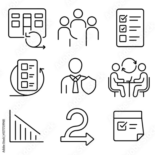 Agile Icons Set. Outline style icons of Agile and Scrum Teams: sprint board, daily stand-up meeting, task backlog, Kanban flow,