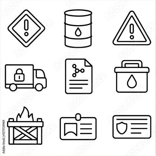 Dangerous Goods Icons. Outline style icons of Dangerous Goods Logistics: hazard icon, chemical drum, flammable crate, warning