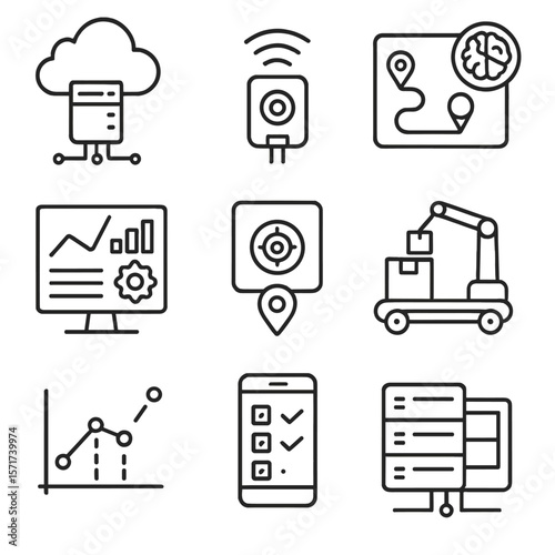 Logistics Technology Icons. Outline style icons of Logistics Technology: logistics cloud server, smart sensor, AI route planner,