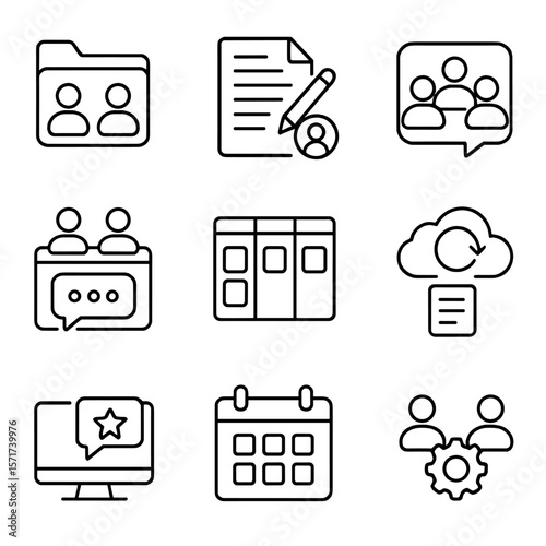 Digital Collaboration Icons. Outline style icons of Digital Collaboration Tools: shared folder icon, real-time document edit,