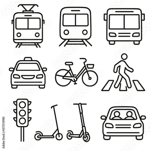 Urban Transport Icons. Outline style icons of Urban Transport: tram, metro train, city bus, rideshare car, public bike share,