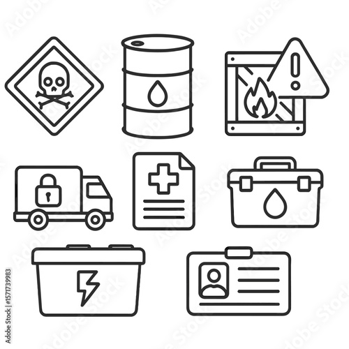 Dangerous Goods Icons. Outline style icons of Dangerous Goods Logistics: hazard icon, chemical drum, flammable crate, warning