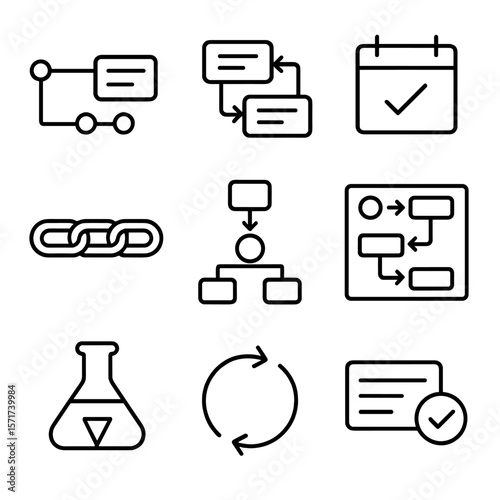 Team Workflow Icons. Outline style icons of Team Workflow: task timeline, connected tasks arrows, shared deadlines, dependency