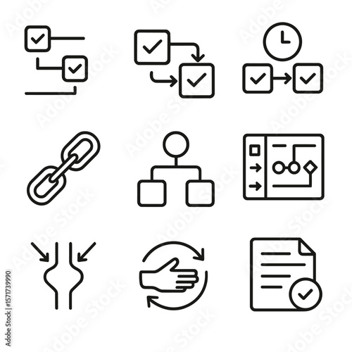 Team Workflow Icons. Outline style icons of Team Workflow: task timeline, connected tasks arrows, shared deadlines, dependency