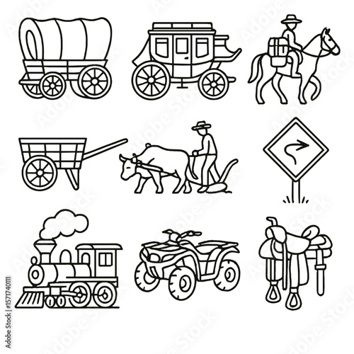 Western Transportation Icons. Outline style icons of Western Transportation: covered wagon, stagecoach, horseback rider with pack,