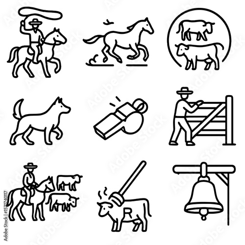 Cattle Herding Icons. Outline style icons of Cattle Herding: cowboy with lasso, galloping horse with cattle, cattle grouping