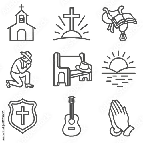 Cowboy Spiritual Icons. Outline style icons of Cowboy Spiritual Life: chapel bell, cross at sunrise, open Bible on saddle, cowboy