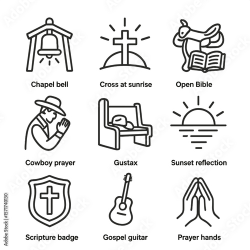 Cowboy Spiritual Icons. Outline style icons of Cowboy Spiritual Life: chapel bell, cross at sunrise, open Bible on saddle, cowboy