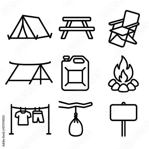 Campsite Setup Icons. Outline style icons of Campsite Setup: pitched tent, picnic table, folding chair, tarp cover, water jug,