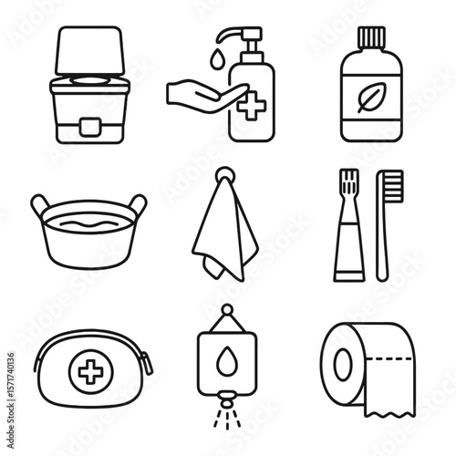 Camp Hygiene Icons. Outline style icons of Camp Hygiene: portable toilet, hand sanitizer, biodegradable soap, water basin, towel