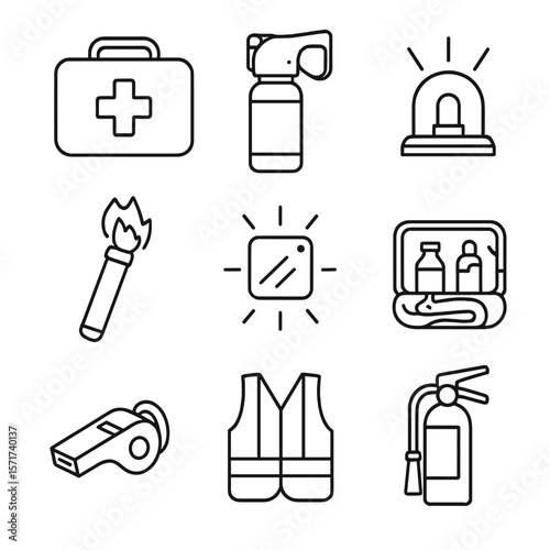 Wilderness Safety Icons. Outline style icons of Wilderness Safety: first aid kit, bear spray, emergency beacon, flare stick,