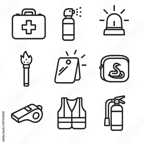 Wilderness Safety Icons. Outline style icons of Wilderness Safety: first aid kit, bear spray, emergency beacon, flare stick,