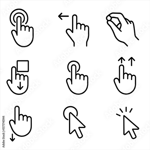 User Interaction Icons. Outline style icons of User Interaction: hand tap, swipe left, pinch zoom, drag drop, touch hold, double