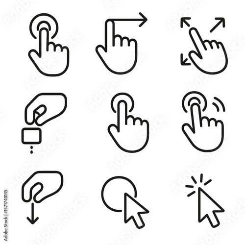 User Interaction Icons. Outline style icons of User Interaction: hand tap, swipe left, pinch zoom, drag drop, touch hold, double