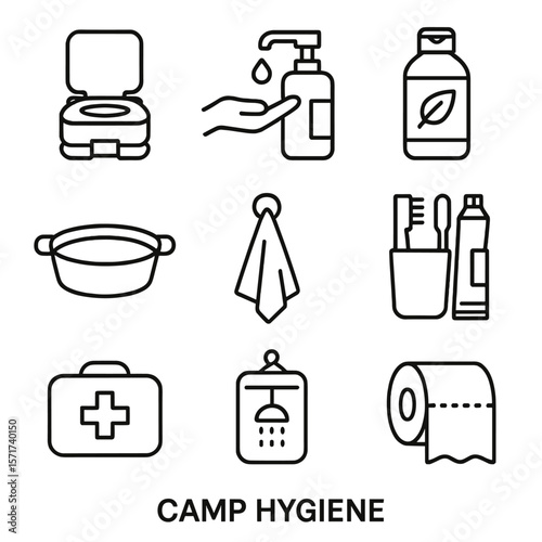 Camp Hygiene Icons. Outline style icons of Camp Hygiene: portable toilet, hand sanitizer, biodegradable soap, water basin, towel