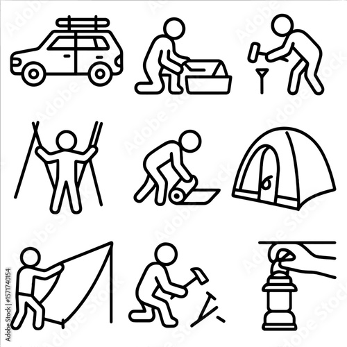 Camping Setup Icons. Outline style icons of Camp Arrival and Setup: car with roof rack, unpacking gear, first stake, raising poles