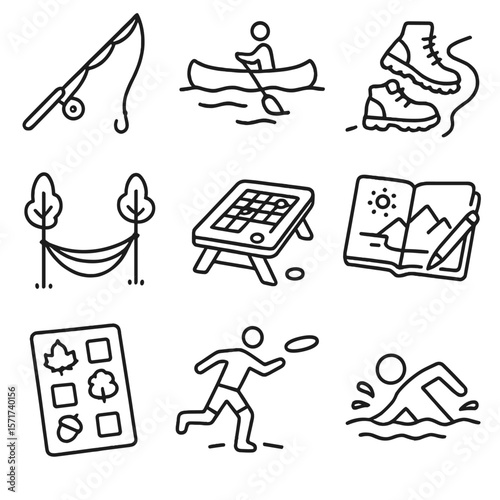 Camp Recreation Icons. Outline style icons of Camp Recreation: fishing pole, canoe on lake, hiking boots trail, hammock hanging,