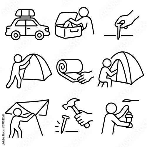 Camping Setup Icons. Outline style icons of Camp Arrival and Setup: car with roof rack, unpacking gear, first stake, raising poles