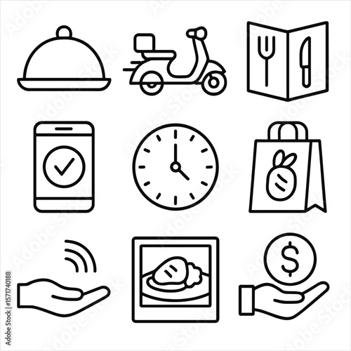 Food Delivery Icons. Outline style icons of Food Delivery UI: food tray, delivery scooter, restaurant menu, order status, delivery