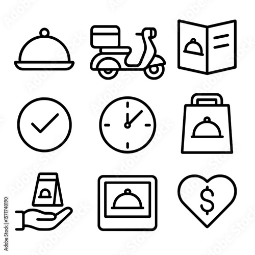 Food Delivery Icons. Outline style icons of Food Delivery UI: food tray, delivery scooter, restaurant menu, order status, delivery