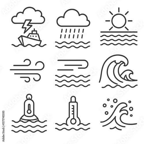 Sea Weather Icons. Outline style icons of Weather at Sea: stormy cloud over ship, rain on ocean, sunny sea horizon, moonlight over